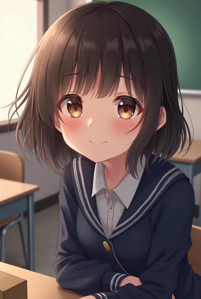 Highest quality, Face Focus, Soft Light, Ultra-high resolution, (Realistic:1.4), RAW Photos, 1 Japanese girl, alone, cute, (A shy smile:0.5), (Brown eyes, Light in your eyes), Beautiful face in every detail, (Small box),(High resolution detail of human skin texture), (Short Bob Hair), break, In the classroom,Navy uniform, Best, skirt