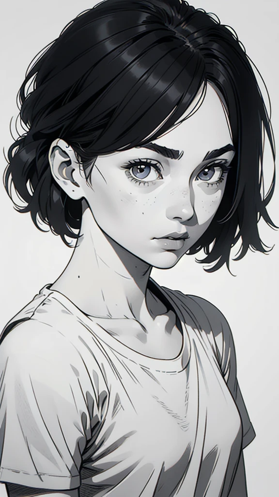 1 boyish girl, solo, sharp eyes, monochrome, greyscale, shoulder length black hair, portrait, blank white T-shirt, Thin eyebrows, closed mouth, looking at viewer, graphite \(medium\), detailed lips, hatching \(texture\), without makeup, (bangs), upper body, (best illustration), (best quality), (very detailed), (masterpiece), expressionless,