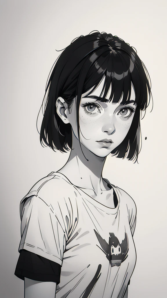 1 boyish girl, solo, sharp eyes, monochrome, greyscale, shoulder length black hair, portrait, blank white T-shirt, Thin eyebrows, closed mouth, looking at viewer, graphite \(medium\), detailed lips, hatching \(texture\), without makeup, (bangs), upper body, (best illustration), (best quality), (very detailed), (masterpiece), expressionless,