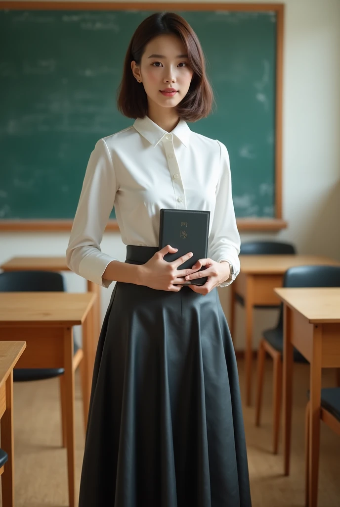 A beautiful lady, asian, Japanese,
brown shoulder length hair,
holding a book on band and Straight standing in front of a teacher desk in a classroom,
Wearing a white shirt,
Wearing a black leather long full skirt ankle length covered the legs,
Wearing white flat shoes,
whole body photo, full body image,
Front camera view,
High resolution, HD Photo,
photographs, photo, real style, 600dpi