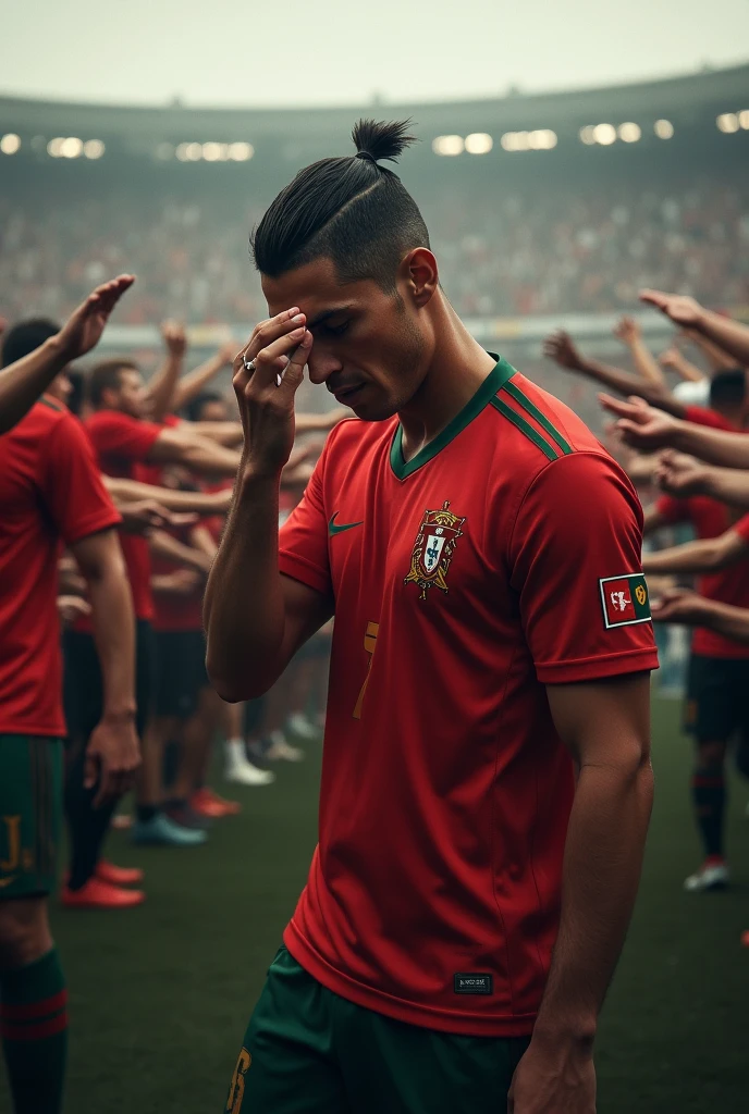 RONALDO is standing in middle of ground and crying in his Portuguese team dress, crowd of people running towards him and trying to touch ronaldo ronaldo is crying a lot with his down head now ronaldo is wiping his tears