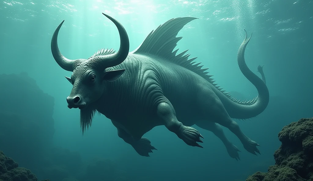 There is a fish underwater,It has a bull's head and a snake's tail.,No limbs, wings on the back(best quality,4K,8k,High level,masterpiece:1.2),Ultra Detailed,(lifelike,Photo real,Photo real:1.37)
