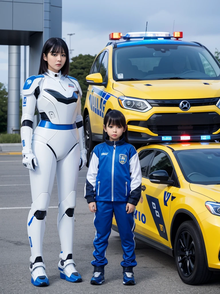 Japanese female android,Black Hair,White and blue robot suit,Plump,Standing next to a yellow police car in a parking lot,