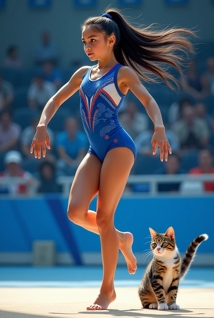 (, wearing a blue white artistic gymnastics swimsuit, Russian girl long black hair, brava, tabby