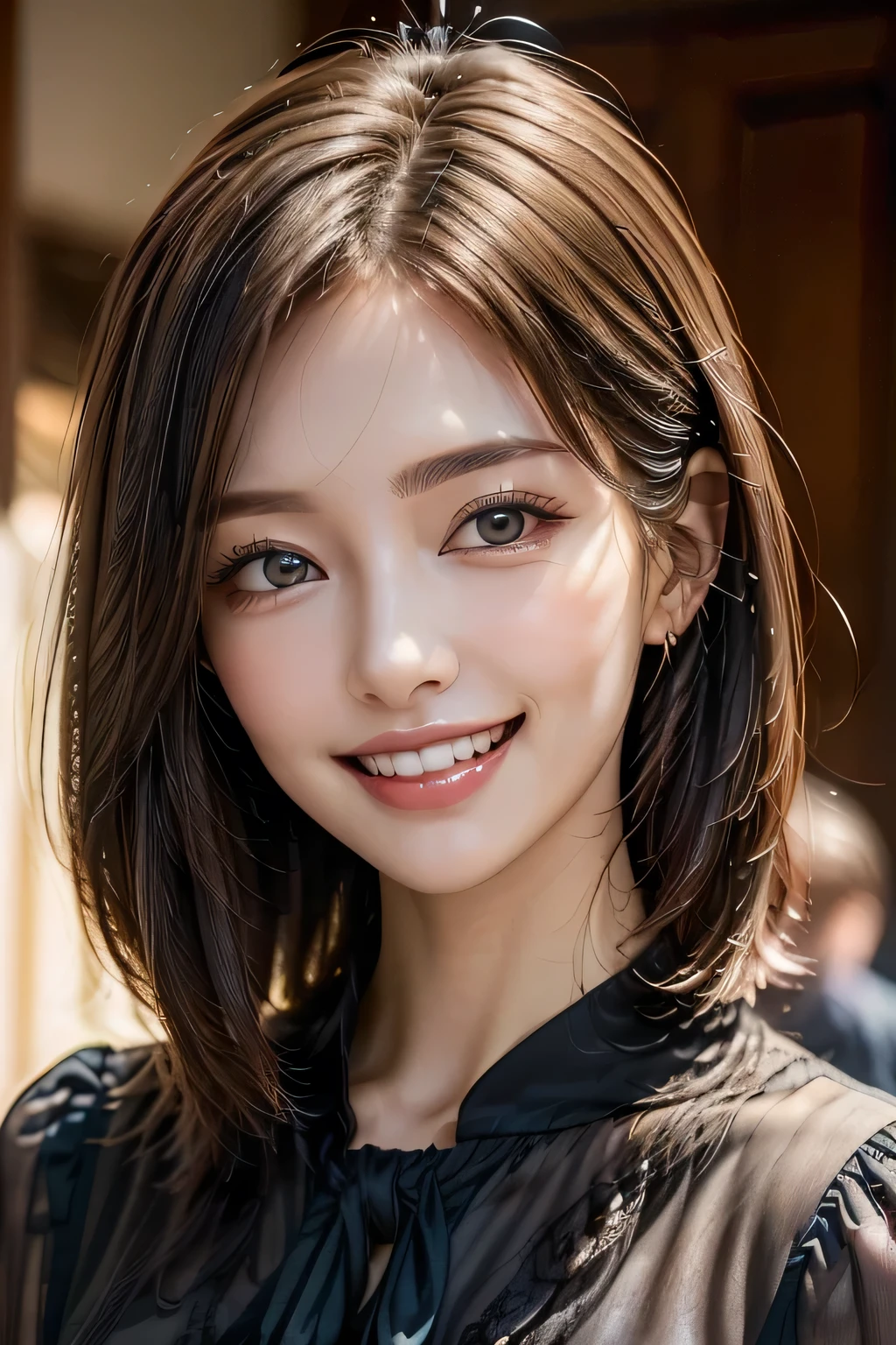((masterpiece)), ((Highest quality)), ((Complex)), ((Surreal)), (Realistic), (Mature Woman), ((There are no classes)), Very detailed, (1 female), Beautiful and exquisite, (Beautiful Teeth), Grin, Brunette bob hair, Brown eyes, ((blouse)), (Upper Body), ((background:none)), Perfect Eyes, Captivating eyes, Looking at the audience