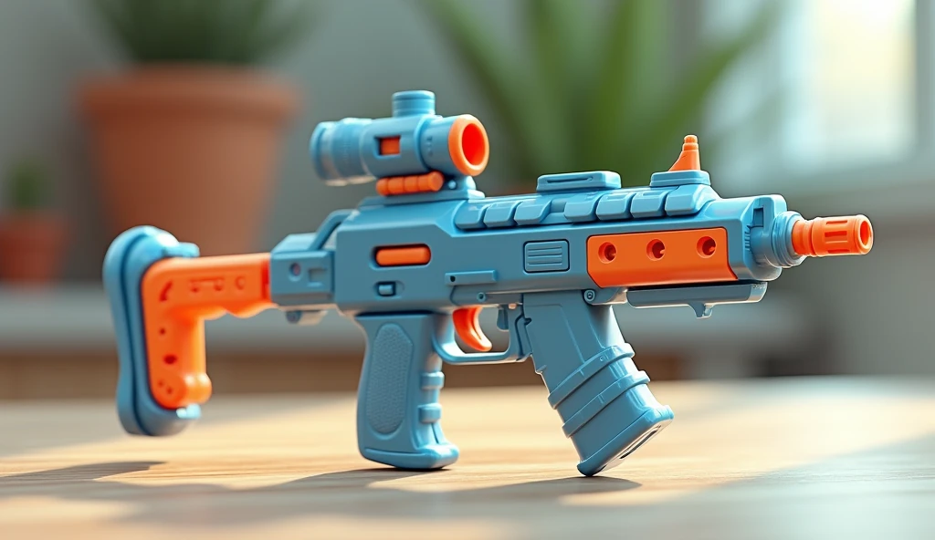 Mini double water gun toy,Integrated rifle mount,Q version cartoon,Magazine and scope,(Similar structure to AK47),(Double muzzle:1.3),Smooth lines,Plastic material,Three different Morandi color schemes,high quality,Professional Product Photography,Table background,3d, OC Rendering,8K,