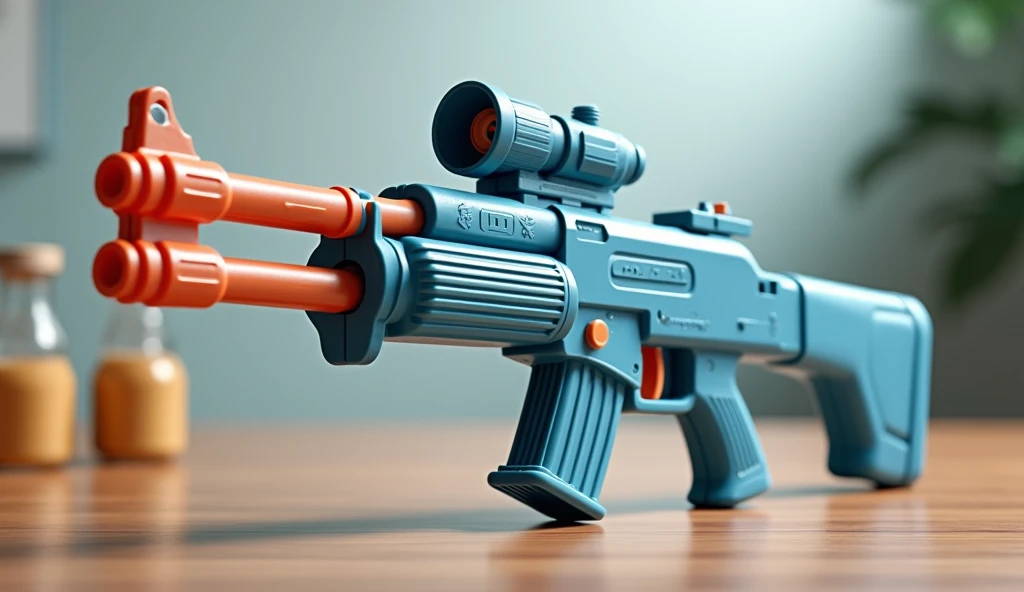 Mini double water gun toy，Integrated rifle mount，Q version cartoon，Magazine and scope，(Similar structure to AK47)，(Double muzzle:1.3)，Smooth lines，Plastic material，Three different Morandi color schemes，high quality，Professional Product Photography，Table background，3d, OC Rendering，8K，