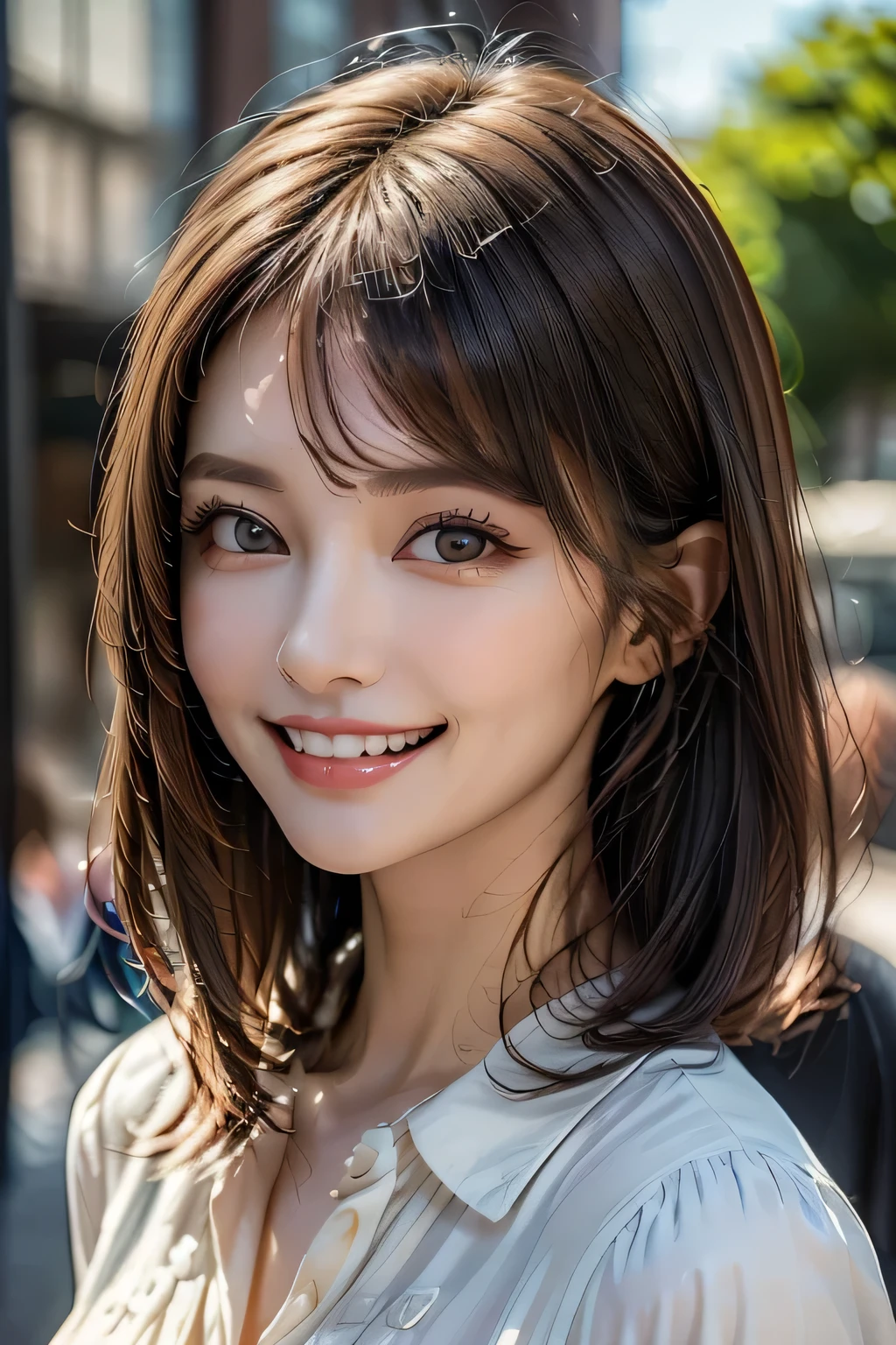 ((masterpiece)), ((Highest quality)), ((Complex)), ((Surreal)), (Realistic), (Mature Woman), ((There are no classes)), Very detailed, (1 female), Beautiful and exquisite, (Beautiful Teeth), Grin, Brunette bob hair, Brown eyes, ((blouse)), (Upper Body), ((background:none)), Perfect Eyes, Captivating eyes, Looking at the audience