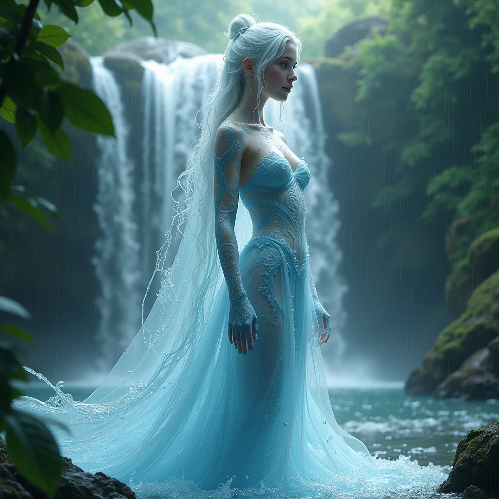 of fine jets of water, that form a beautiful and pregnant young woman . detailed eyes, detailed facial features and body contours. The waterfall is located in a tropical forest. it&#39;s raining. Full body shot. This is a fantasy character. The goddess of water, weightless, transparent. side of the face. His whole body is water and rocks 