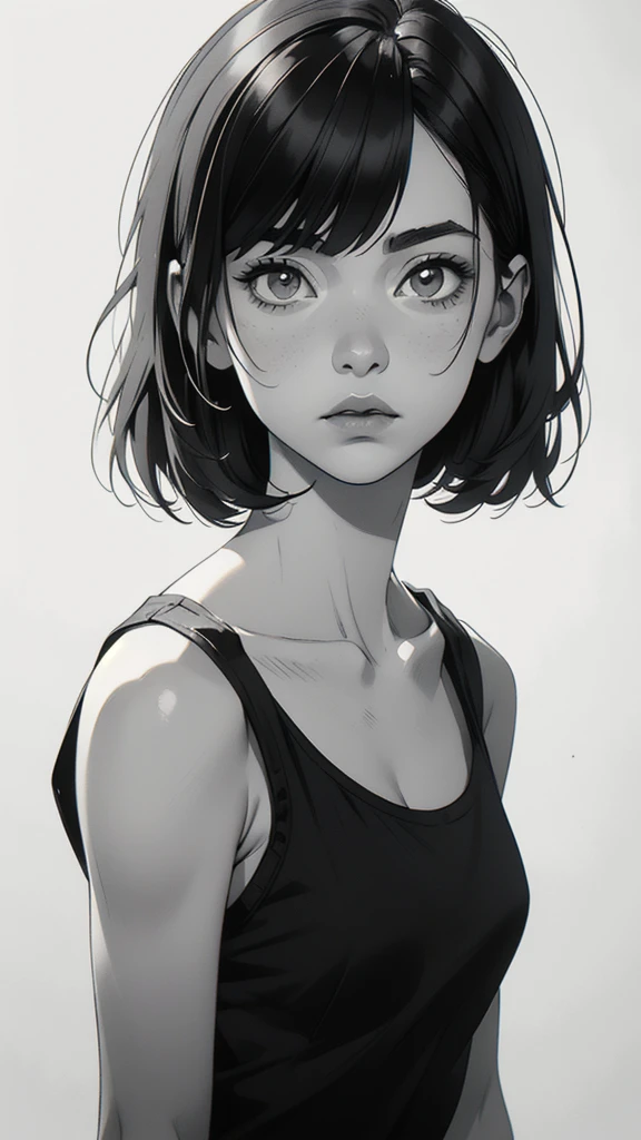 1 boyish girl, solo, sharp eyes, monochrome, greyscale, shoulder length black hair, portrait, blank white T-shirt, Thin eyebrows, closed mouth, looking at viewer, graphite \(medium\), detailed lips, hatching \(texture\), without makeup, (bangs), upper body, (best illustration), (best quality), (very detailed), (masterpiece), expressionless,