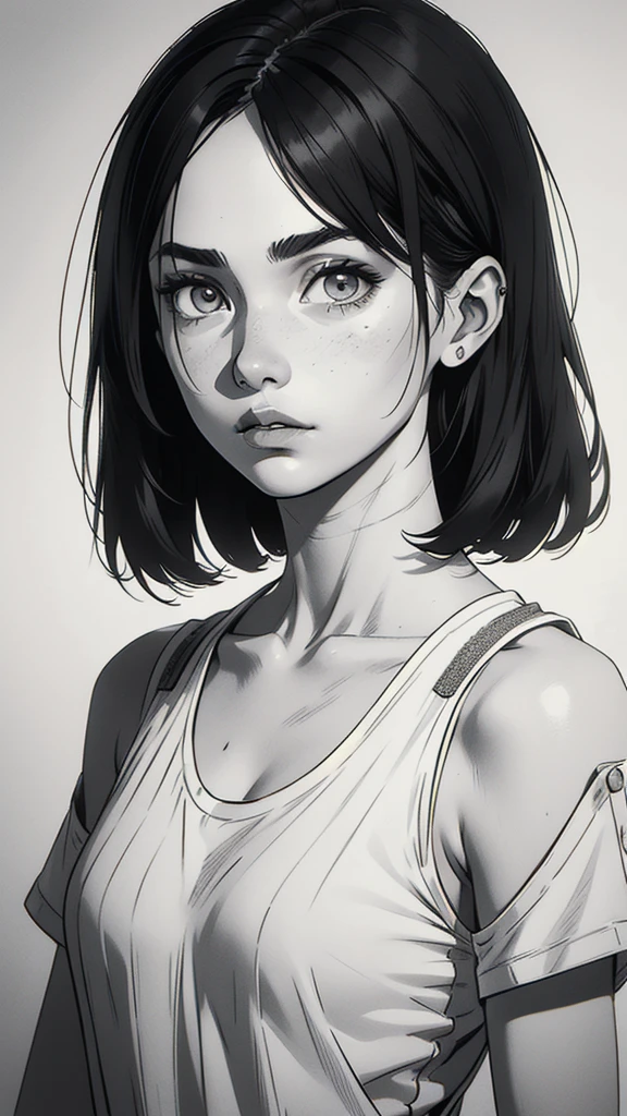 1 boyish girl, solo, sharp eyes, monochrome, greyscale, shoulder length black hair, portrait, blank white T-shirt, Thin eyebrows, closed mouth, looking at viewer, graphite \(medium\), detailed lips, hatching \(texture\), without makeup, (bangs), upper body, (best illustration), (best quality), (very detailed), (masterpiece), expressionless,