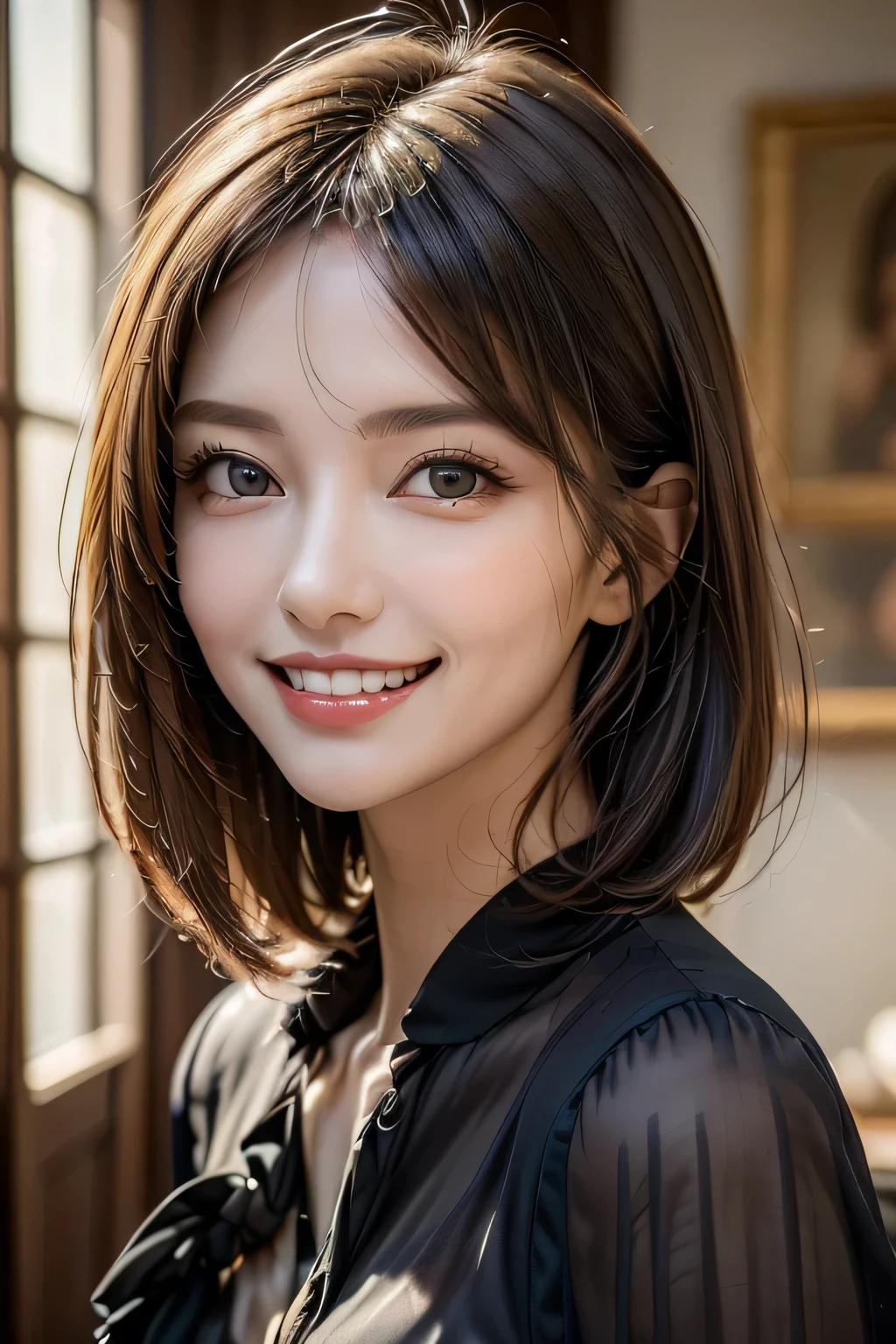 ((masterpiece)), ((Highest quality)), ((Complex)), ((Surreal)), (Realistic), (Mature Woman), ((There are no classes)), Very detailed, (1 female), Beautiful and exquisite, (Beautiful Teeth), Grin, Brunette bob hair, Brown eyes, ((blouse)), (Upper Body), ((background:none)), Perfect Eyes, Captivating eyes, Looking at the audience