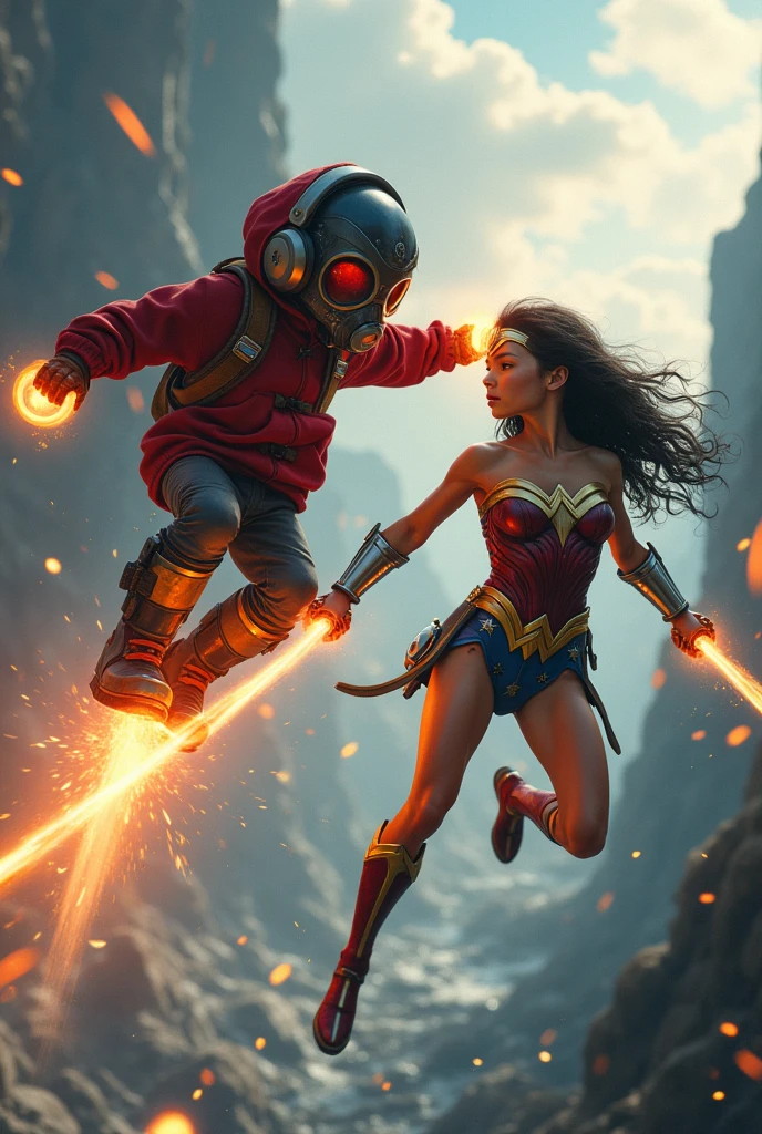 & Wonder woman with red hoodie, Rocket boots, headphones, Laser guns, star-lord helmet, gas helmet, Covered mouth, Round, red eyes, big breasts, perfect body, Busty, realistic, power, Kick, Attack, magic rings in the hands, Fighting, power, fiction, full body, 2 persons, magic lasso, hight, fall, fire in boots, powerful spells, realistic, war, ocean, spells, Cayendo del cielo, sleep, hug