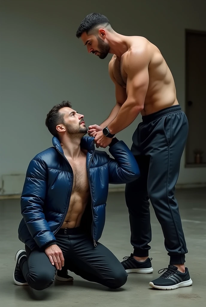 ATTENTION: (((*TWO MALES HANDSOME MAN TOGETHER*))) IN HIGH REALISTIC RAW IMAGE. Man A 41, exceptionally handsome man with light-colored eyes and short, thinning hair. He is (((dressed a pants, formal shoes, and an open, *extremely shiny blue nylon puffer jacket* that reveals his hairy chest and slightly prominent belly))). He is (((positioned on all fours))), with his head slightly raised as his necktie is being pulled by the domineering handsome man B. His is (((expressing deep humiliation and forced submission by the bad Man B, 32))), man with short hair, light skin, and a robust natural and hairy chest with a slightly prominent belly. He is (((wearing sports pants and sneakers, with no shirt, exposing his upper body))). Standing next to humiliating Man A, he grips the colar animal with a smug, dominant expression, (((pulling it to lift Man A’s head toward the camera))).
ATTENTION: extremely ultra mega high ACCURATE IMAGE. High resolution, Best quality, High details, HD model, Anatomically correct, Accurate. ATTENTION: (((*TWO MALES HANDSOME MAN TOGETHER*))).