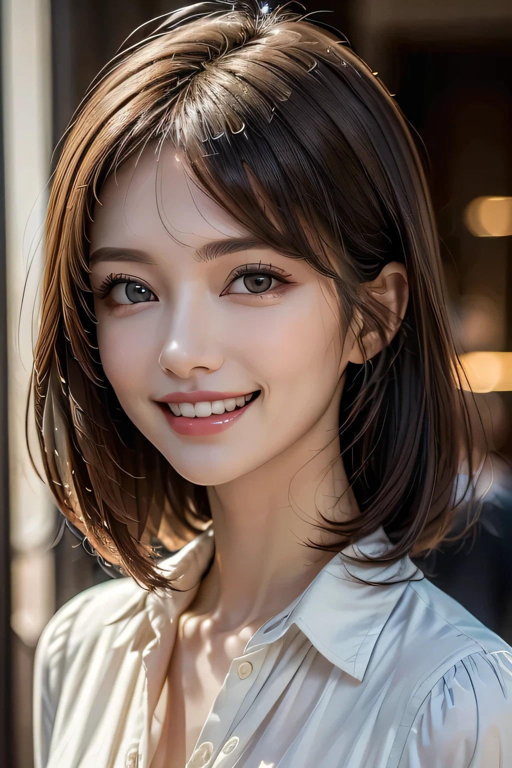 ((masterpiece)), ((Highest quality)), ((Complex)), ((Surreal)), (Realistic), (Mature Woman), ((There are no classes)), Very detailed, (1 female), Beautiful and exquisite, (Beautiful Teeth), Grin, Brunette bob hair, Brown eyes, ((blouse)), (Upper Body), ((background:none)), Perfect Eyes, Captivating eyes, Looking at the audience