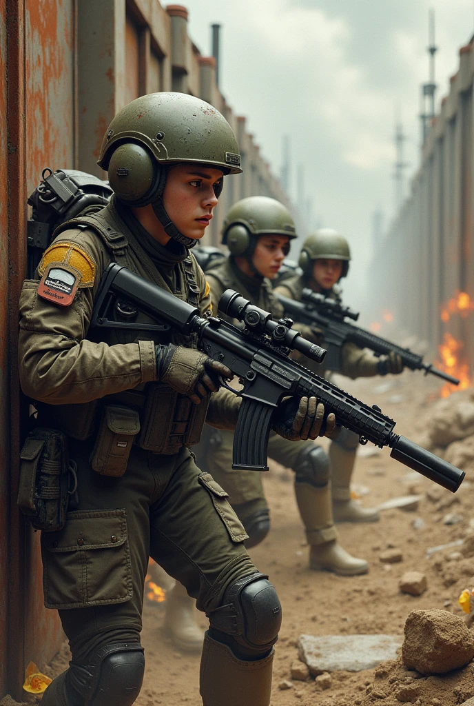 Create a highly realistic visual depiction of a group of cadet corps unit during their first military operation in a futuristic dieselpunk setting with a realistic military theme. The cadets, dressed in rugged, industrial-style combat armor with visible mechanical augmentations and tactical gear, are shown under pressure, with expressions of nervousness and adrenaline rush visible on their faces. The scene captures the rugged, war-torn landscape with trenches, fortified bunkers, and industrial debris. The cadets are taking cover behind rusted metal barriers, gripping advanced, retro-futuristic weapons that combine heavy-caliber firearms and energy-based technology. Smoke, fire, and debris fill the background, contributing to the chaotic and intense atmosphere. The art style emphasizes gritty realism, focusing on the practical design of the military gear and the raw emotions of the young soldiers as they face combat for the first time.