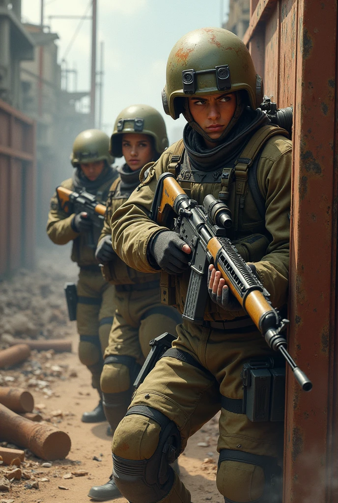 Create a highly realistic visual depiction of a group of cadet corps unit during their first military operation in a futuristic dieselpunk setting with a realistic military theme. The cadets, dressed in rugged, industrial-style combat armor with visible mechanical augmentations and tactical gear, are shown under pressure, with expressions of nervousness and adrenaline rush visible on their faces. The scene captures the rugged, war-torn landscape with trenches, fortified bunkers, and industrial debris. The cadets are taking cover behind rusted metal barriers, gripping advanced, retro-futuristic weapons that combine heavy-caliber firearms and energy-based technology. Smoke, fire, and debris fill the background, contributing to the chaotic and intense atmosphere. The art style emphasizes gritty realism, focusing on the practical design of the military gear and the raw emotions of the young soldiers as they face combat for the first time.