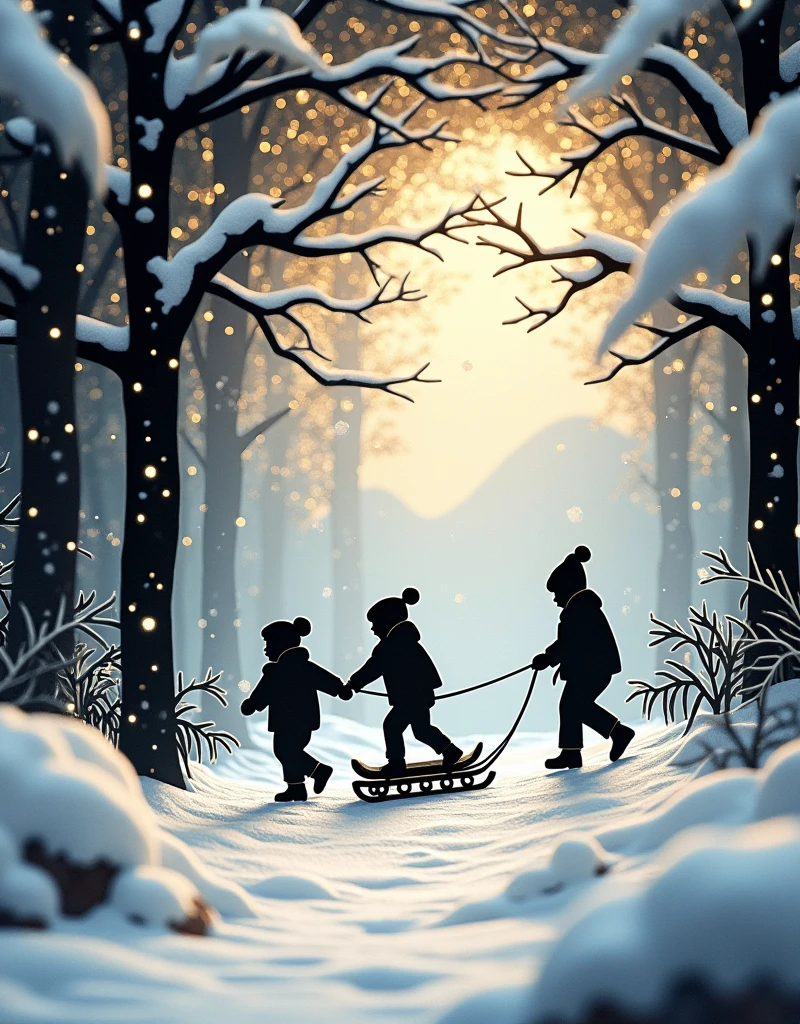 Jiro Takihira Style、A fusion of paper cutting and shadow art, Black construction paper images, The overlapping pieces of paper are pasted in a staggered fashion.、White cut out snowflakes and piled up snow, Snowscape painting, Glittering gold dust, 2.5D, Subtle and dynamic effects, Glitter effect, Fog filter effect, pulling a sled、artistic, artistic photography, Ultra-realistic, CG digital art、bokeh、