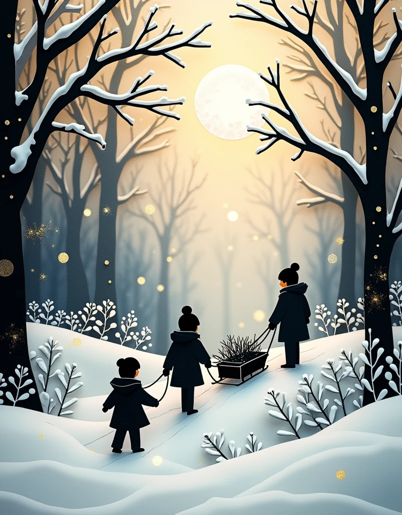Jiro Takihira Style、A fusion of paper cutting and shadow art, Black construction paper images, The overlapping pieces of paper are pasted in a staggered fashion.、White cut out snowflakes and piled up snow, Snowscape painting, Glittering gold dust, 2.5D, Subtle and dynamic effects, Glitter effect, Fog filter effect, Children pulling a sled、artistic, artistic photography, Ultra-realistic, CG digital art、bokeh、