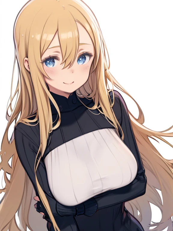 One Girl、Blonde Hair、Hair between the eyes、long hair、Big Breasts、Turtleneck sweater、Smiling、Upper Body、Touching the cheek with one hand、look back、Simple white background、
