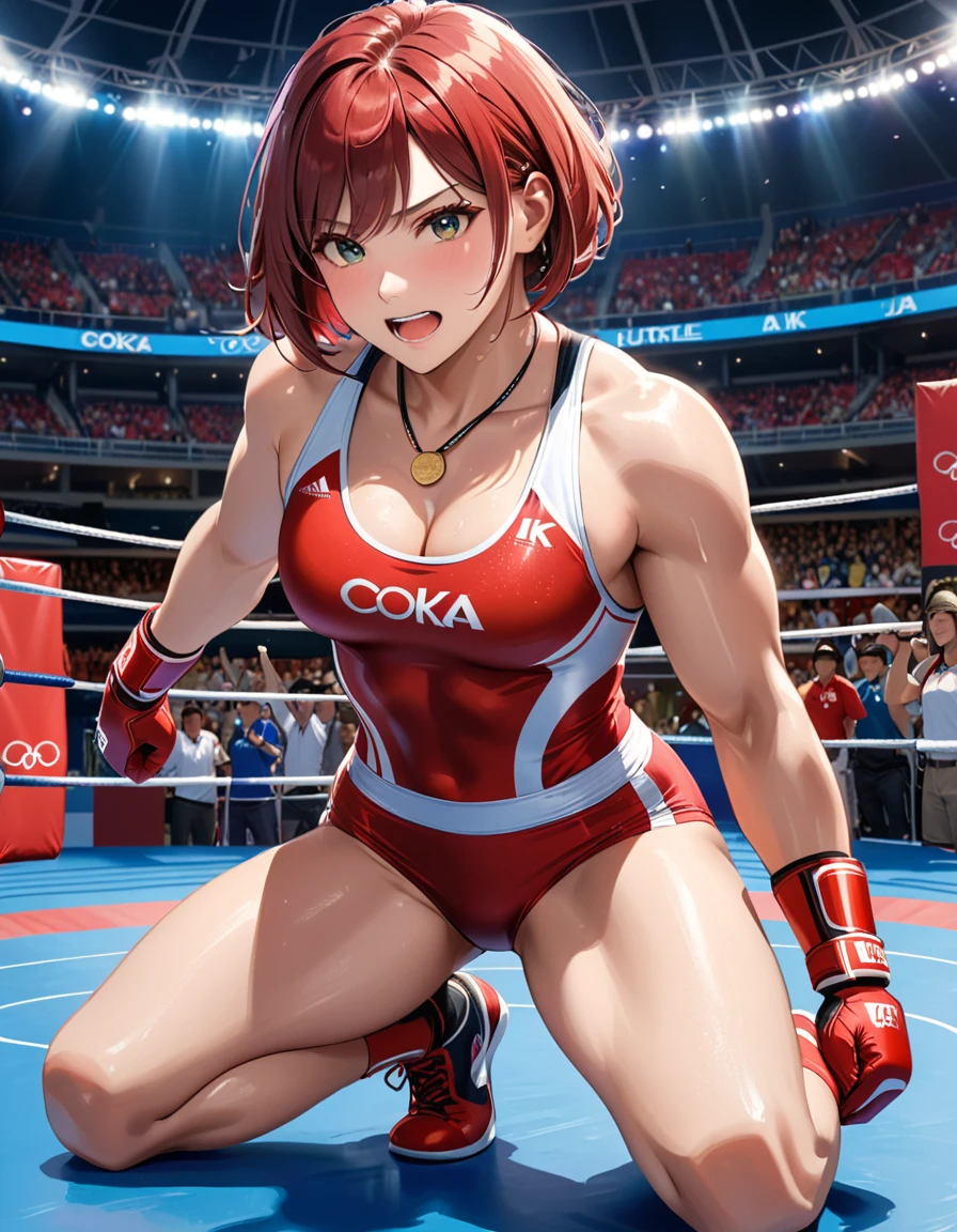 (((Perfect anatomy with careful and detailed depictions of the limbs, Consider the bending direction of the joints))),The stands are full of spectators,(((On the center floor of a large wrestling arena packed with spectators, a beautiful wrestler with outstanding style is facing his opponent seriously with a frown on his face.))),(((The uniform will be a red and white wrestling singlet with the JPN logo in large letters on the chest, as well as wrestling shoes.))),(((Capturing dynamic movement,Full-body in the photo,A snapshot of wrestling as you grit your teeth and face your opponent))),((A beautiful wrestler wearing a white uniform with red lines and a necklace is holding her open hand towards her opponent and facing forward)),Sliding through the wind,Beautiful rolling form,Maximum speed,(((4K motion body shot from the side capturing the essence of the movements of a man grappling with his opponent while furrowing his brow and clenching his teeth))),hurtle,Opponent tackles all-in-one on the waist,(A packed, enthusiastic crowd in the background:1.5),realistic and realistic,(masterpiece:1.5),Olympic concept art,Intricate details,Highly detailed and realistic,Octane Rendering,4K,Real engine,Dynamic pose, Highest quality,High resolution,(Realistic Face:1.1),(splendid:1.1), ((full_body)),((Expressing the sense of dynamism emanating from the entire body)),slim,muscular,Hard,A coke bottle body with a slim waist and big hips,(She fills the 4k screen with her movements),(Sweaty, glistening skin:1.2),(((The short bob is very cute))),(((Perfect hands))),(Highly detailed background),((They face off on a raised wrestling floor,Background of a stadium full of spectators)),((Beauty condensed into one girl)),((Beautiful eyes full of light,High quality eyes,High quality face)),(Wearing a necklace),(((The amount of sweat dripping down is dazzling))),(Her short chestnut hair flutters with her movements.),((Dramatic beauty)),Beautiful bokeh with deep depth of field,4K,Gothic,4K Digital SLR Camera,Fujifilm XT3 style,(Delicate eyes and face),Professional perspective,Amazing details,Beauty condensed into one girl,Beautiful face with a delicate and high nose,Hig
