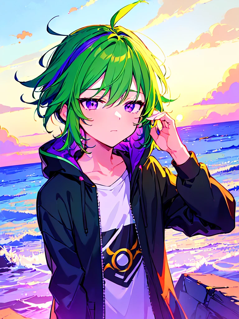 [(SUMMER BACKGROUND:1.5),::5], ((((masterpiece)))), high quality, ultra very high resolution, full color, (((solo))), ((**********)), ((men's Green hair)), (Purple streaked hair), (Purple eyes), anime, ((upper body)), neon light, black parka, SEA, SUNSET