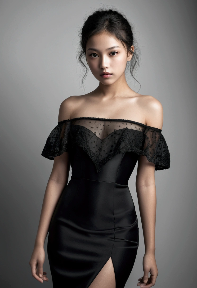 Mesmerizing portrait of a young girl with sharp facial features, dressed in black sexy,sheer off shoulder dress, shot in a studio with dramatic lighting, alluding to the work of Irving Penn, on Nikon D850 camera with Nikon AF-S NIKKOR 85mm f lens/1.4G, blackandwhite, with high contrast, hyperrealism, high detail and high resolution 16k --ar 16:9 --q 2.