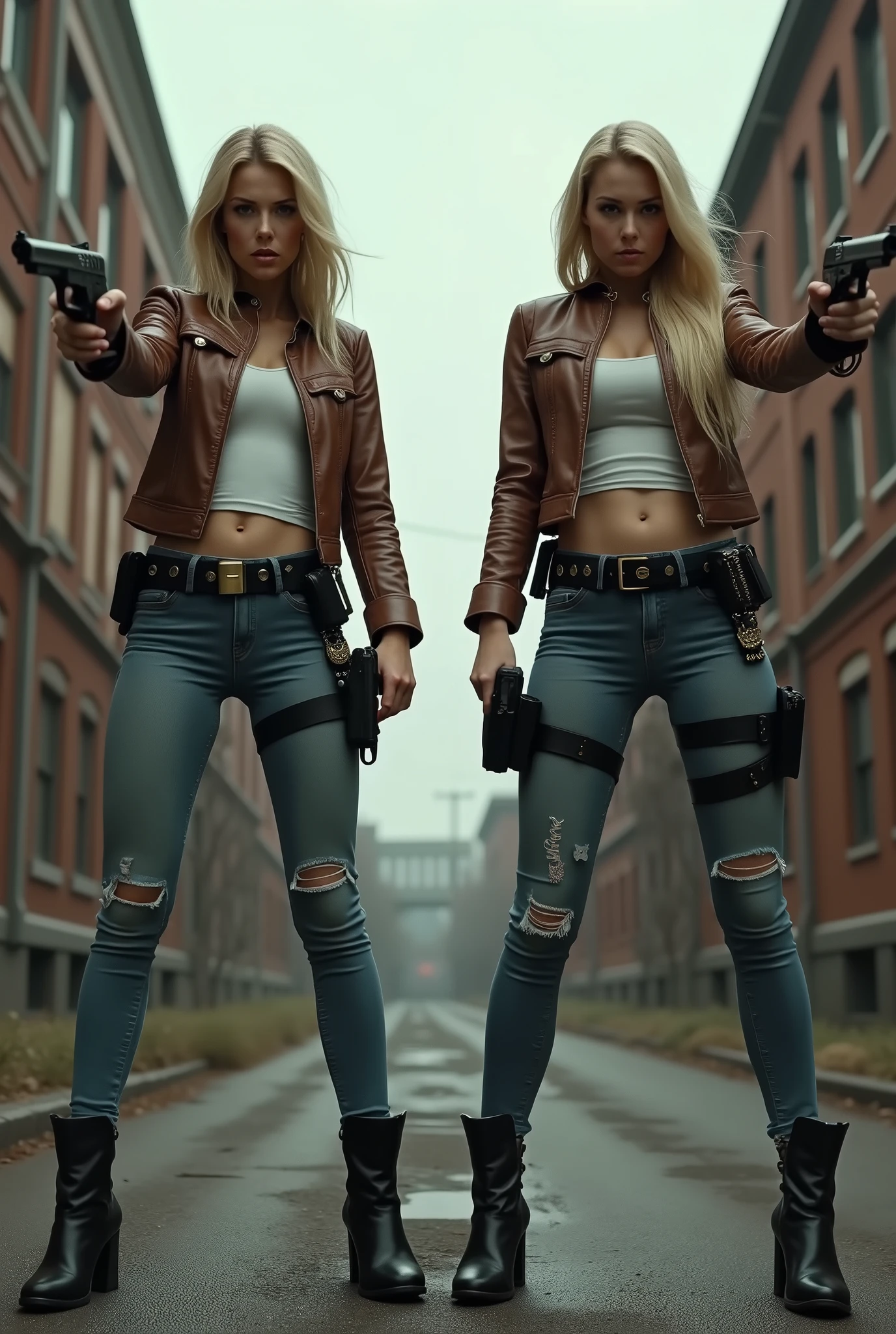 ( Photorealistic、Full live-action version、masterpiece、Composition looking up from the ground、Express everything in minute detail)、2 blonde with long hair、Long legged police woman、Standing with legs apart, Ultra low angle, Perfect perspective、Looking up at a beautiful girl, Brown leather jacket and tight white shirt、Police Badge、Tight faded distressed denim、Black Leather Boots、Sexy leg lines、Towering Beautiful Girl, Beautiful girl looking down、Bad girl、Desolate backstreets、(Holding a pistol with both hands、They're pointing their guns at me.、Aiming for us)