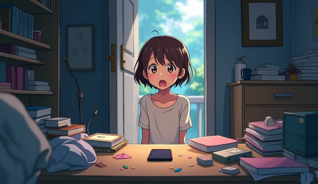 An anime image of a age girl with short brown hair, standing in a room with things scattered all over the floor and the door open. In the midst of the chaos, she looks at a table. The girl begins to look aware of the unusual event and shows a shocked and worried expression as she surveys the situation. On the table is a cell phone that has been left on.