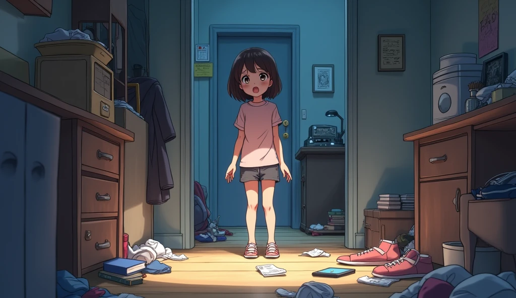 An anime image of a teenage girl with short brown hair, standing in a room with things scattered all over the floor and the door open. In the midst of the chaos, she looks at a table. The girl begins to look aware of the unusual event and shows a shocked and worried expression as she surveys the situation. On the table is a cell phone that has been left on.