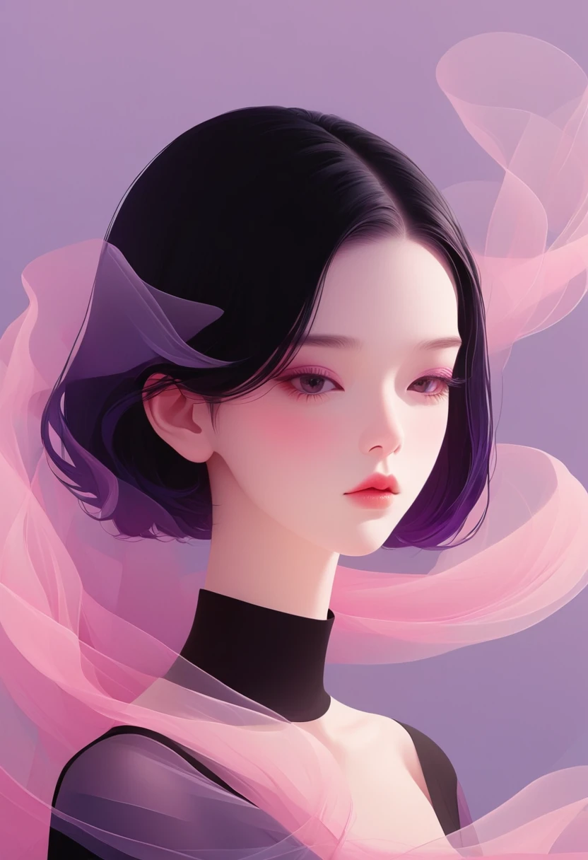 vector,Flat style,illustration,数字艺术illustration,1 girl,Unique,pink,Purple,Black Hair,Pretty Face,portrait,Shoulder,Beautiful hands,Was,artistic conception,Abstract