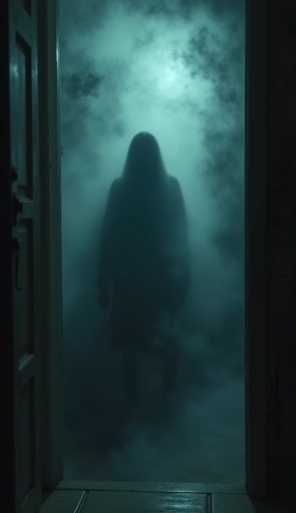 Capture the moment when a ghostly whisper seems to echo through the room. The atmosphere should be filled with a sense of fear and suspense, with dark, swirling mist around the portrait and shadows that seem to move. The room’s details should be slightly blurred to emphasize the supernatural presence.
