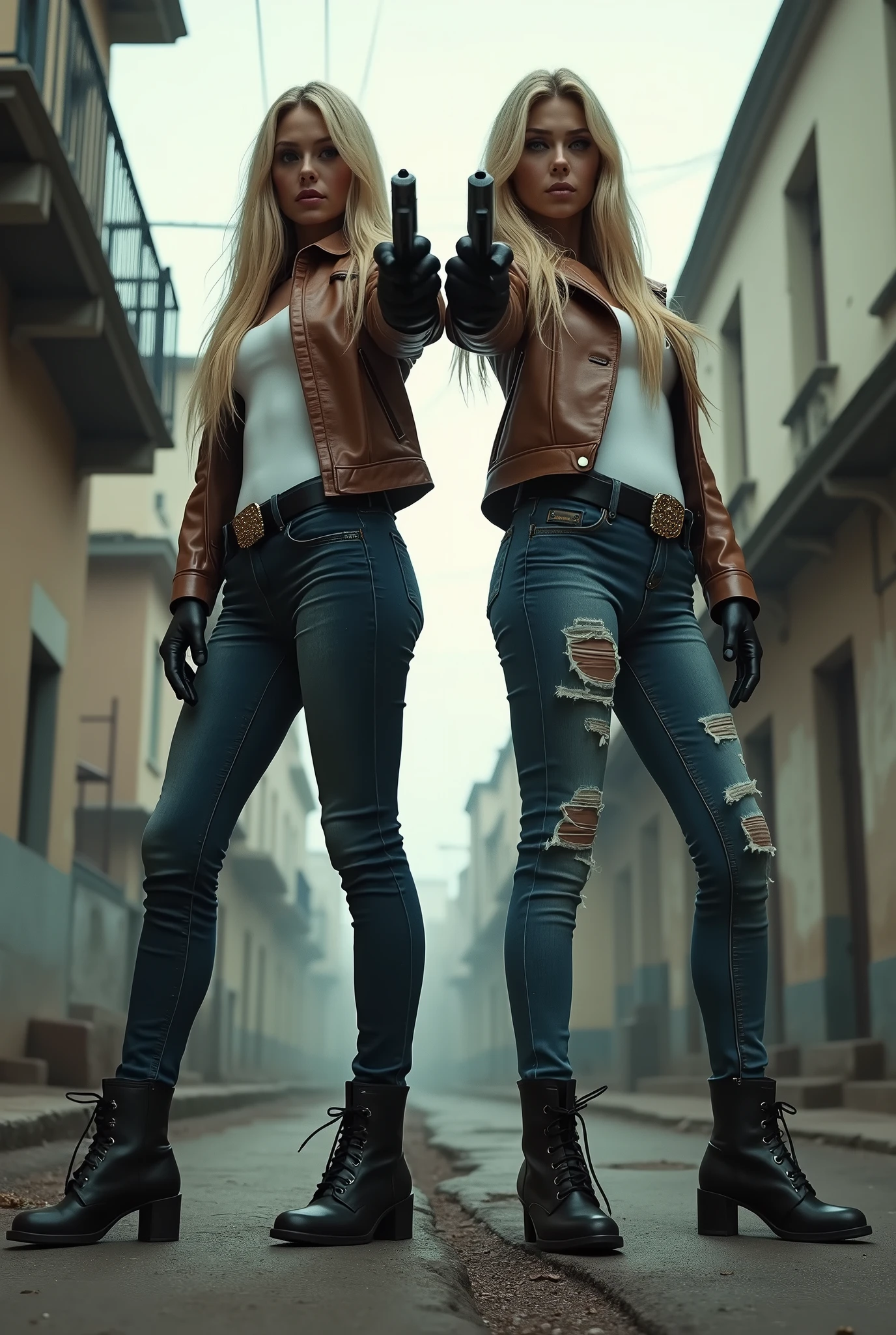 ( Photorealistic、Full live-action version、masterpiece、Composition looking up from the ground、Express everything in minute detail)、2 blonde with long hair、Long legged police woman、Standing with legs apart, Ultra low angle, Perfect perspective、Looking up at a beautiful girl, Brown leather jacket and tight white shirt、Police Badge、Tight faded distressed denim、Black Leather Boots、Sexy leg lines、Towering Beautiful Girl, Beautiful girl looking down、Bad girl、Desolate backstreets、(Holding a pistol with both hands、They're pointing their guns at me.、Aiming for us)