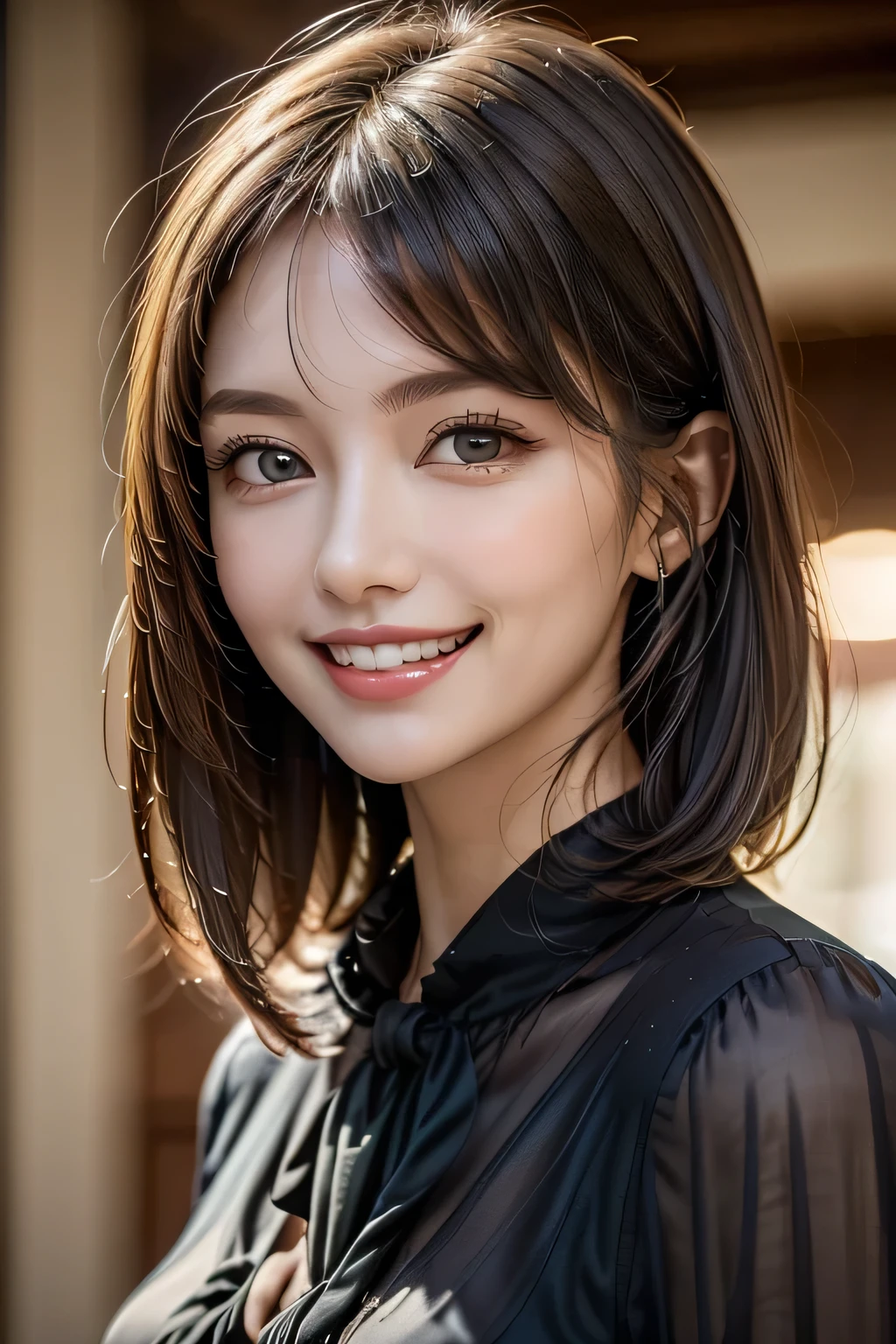 ((masterpiece)), ((Highest quality)), ((Complex)), ((Surreal)), (Realistic), (Mature Woman), ((There are no classes)), Very detailed, (1 female), Beautiful and exquisite, (Beautiful Teeth), Grin, Brunette bob hair, Brown eyes, ((blouse)), (Upper Body), ((background:none)), Perfect Eyes, Captivating eyes, Looking at the audience
