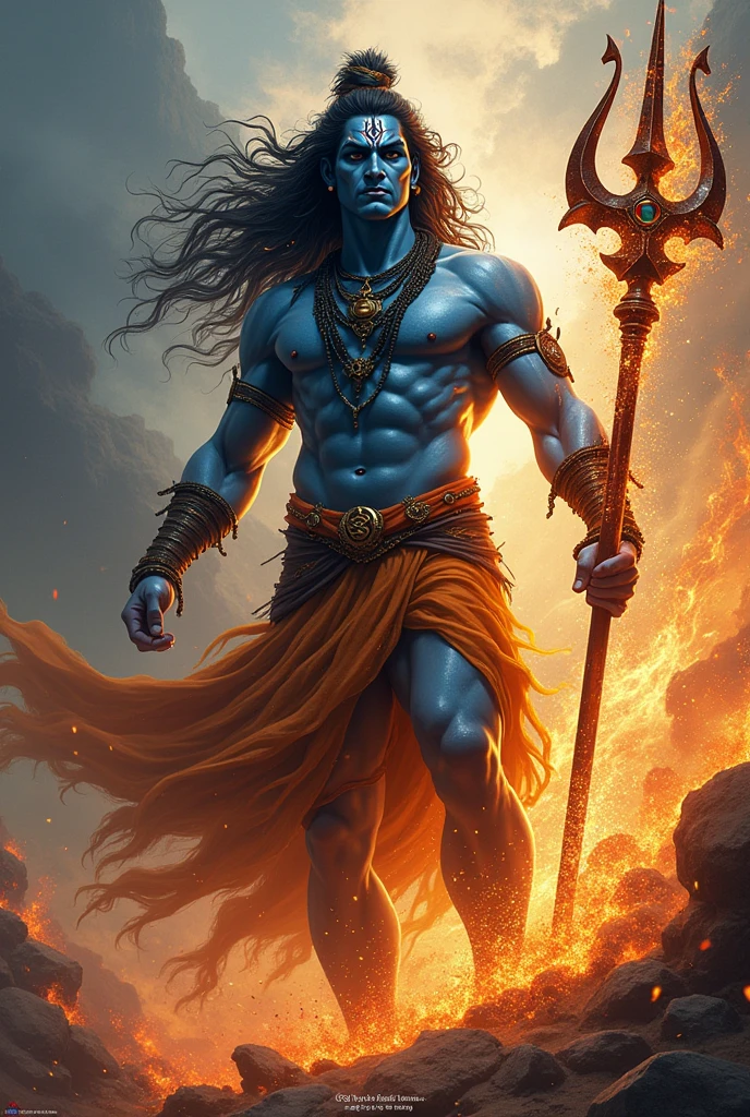 Mahadev ji ka rudra avtar hath me trishul with some fire effect and they are very angry 