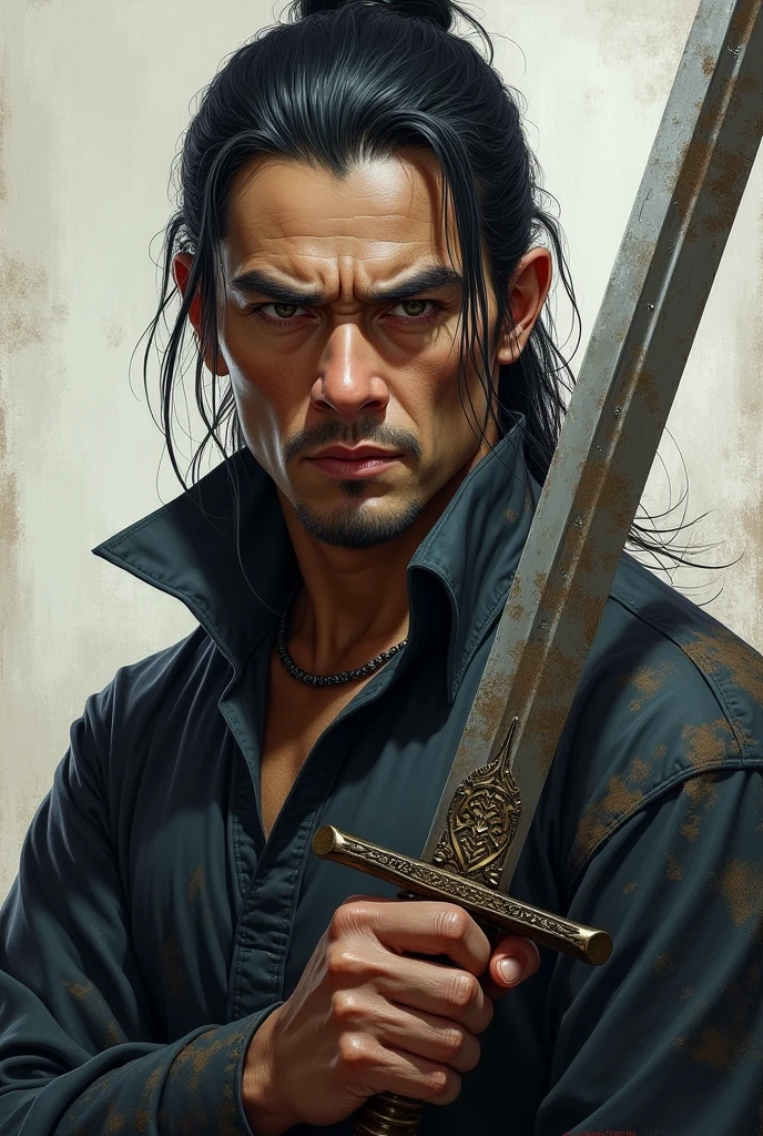 Lin had long, narrow eyes., short dark hair, and pale skin. A dark shirt that hid his mud stains, A mature face marked by experience and a sword in his hand