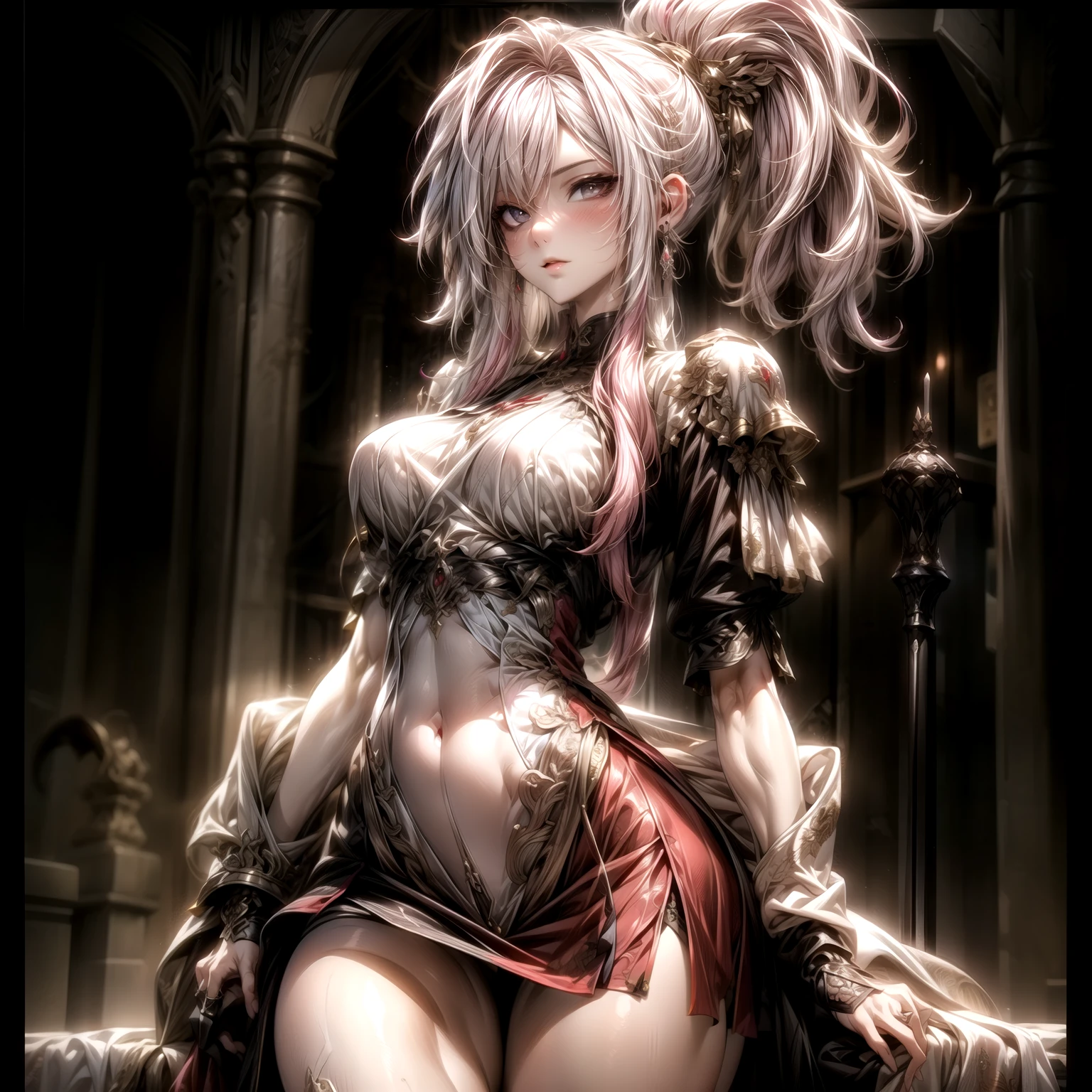 (best quality)), ((Masterpiece)), (details:1.4), 3d, HDR (high dynamic range), an image of a beautiful cyberpunk female, fantasy, medieval, Cyberpunk, Sleek style, pink hair, High ponytail, Beautiful White eyes, จมูกโด่ง, ปากแดง, หน้าอกใหญ่, nvidia RTX, PBR surface, After processing, Anisotropic filtration,depth of field, Maximum clarity and clarity, multi-layered surface, Subsurface scattering, perfect proportions, 8K raw files, ultra detailed, Perfect proportions, volumetric lighting, soft lighting, Holy Paldin, Heavy Golden Armor, White dress, intricate Silver embroidery, glossy skin, Bed room Background, jewely, ต่างหู, mini red skirt, black glove