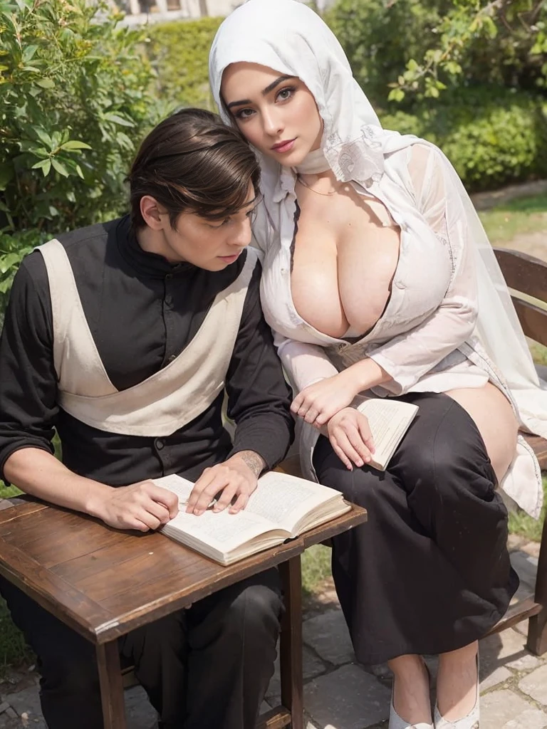 Gorgeous and sultry busty athletic (thin) brunette rogue with sharp facial features wearing a wide hood, medieval hair cover, rough-spun grey and black medieval thief attire, long sleeves, gloves, breeches, trousers, corset, Middle Ages, village, exterior, trees, countryside, evening, sunset. large breasts.big breast