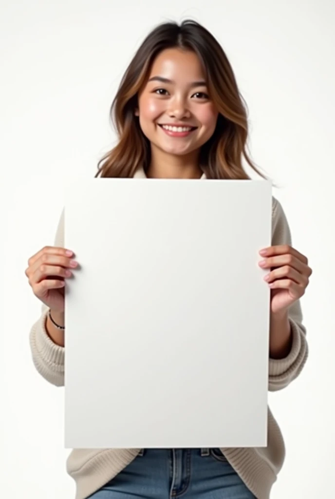 realistic teen girl about 18 20 years old in white background with full body who holds vertical sheet of paper and shows it and happy 