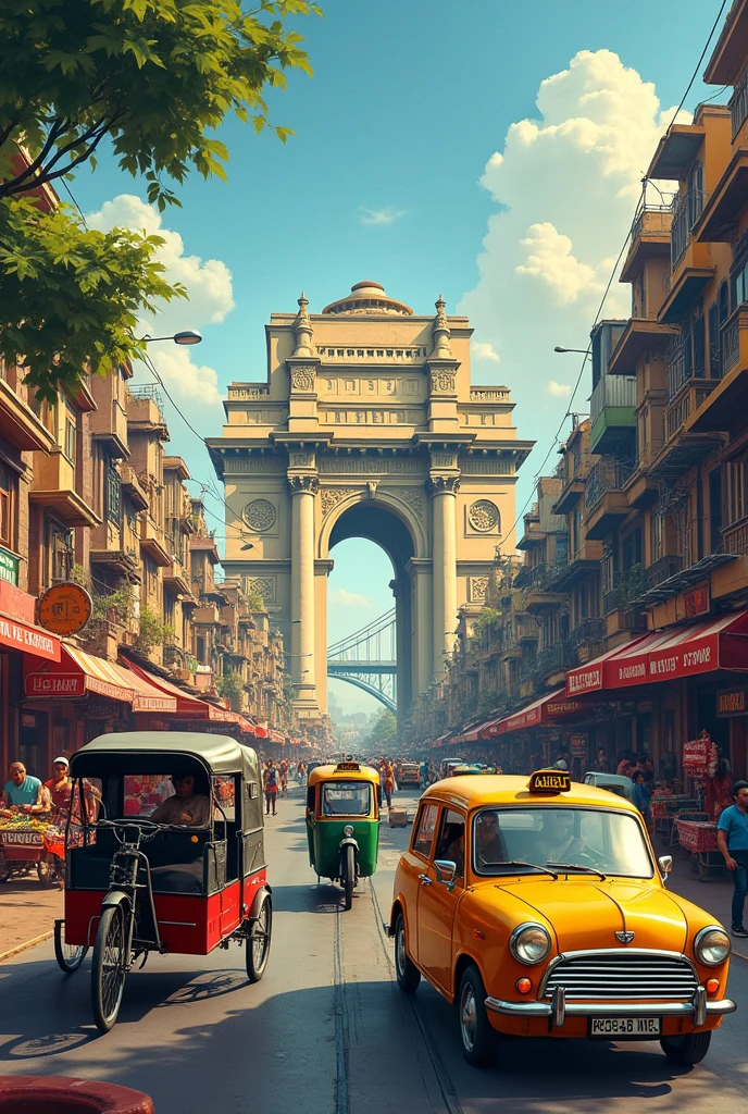 The rectangle collage of Kolkata showcases a vibrant mix of transportation and landmarks. In one corner, a hand-pulled rickshaw and a yellow taxi are parked side by side, while an auto-rickshaw speeds by in the background. The iconic Howrah Bridge stretches across the top, with the Hooghly River flowing beneath. The majestic Victoria Memorial stands proudly in the center, surrounded by sweet shops and street food stalls. A vintage tram chugs along the bottom edge, adding a touch of nostalgia to the bustling scene And durga puja