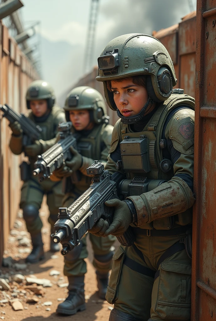 Create a highly realistic visual depiction of a group of cadet corps unit during their first military operation in a futuristic dieselpunk setting with a realistic military theme. The cadets, dressed in rugged, industrial-style combat armor with visible mechanical augmentations and tactical gear, are shown under pressure, with expressions of nervousness and adrenaline rush visible on their faces. The scene captures the rugged, war-torn landscape with trenches, fortified bunkers, and industrial debris. The cadets are taking cover behind rusted metal barriers, gripping advanced, retro-futuristic weapons that combine heavy-caliber firearms and energy-based technology. Smoke, fire, and debris fill the background, contributing to the chaotic and intense atmosphere. The art style emphasizes gritty realism, focusing on the practical design of the military gear and the raw emotions of the young soldiers as they face combat for the first time.
