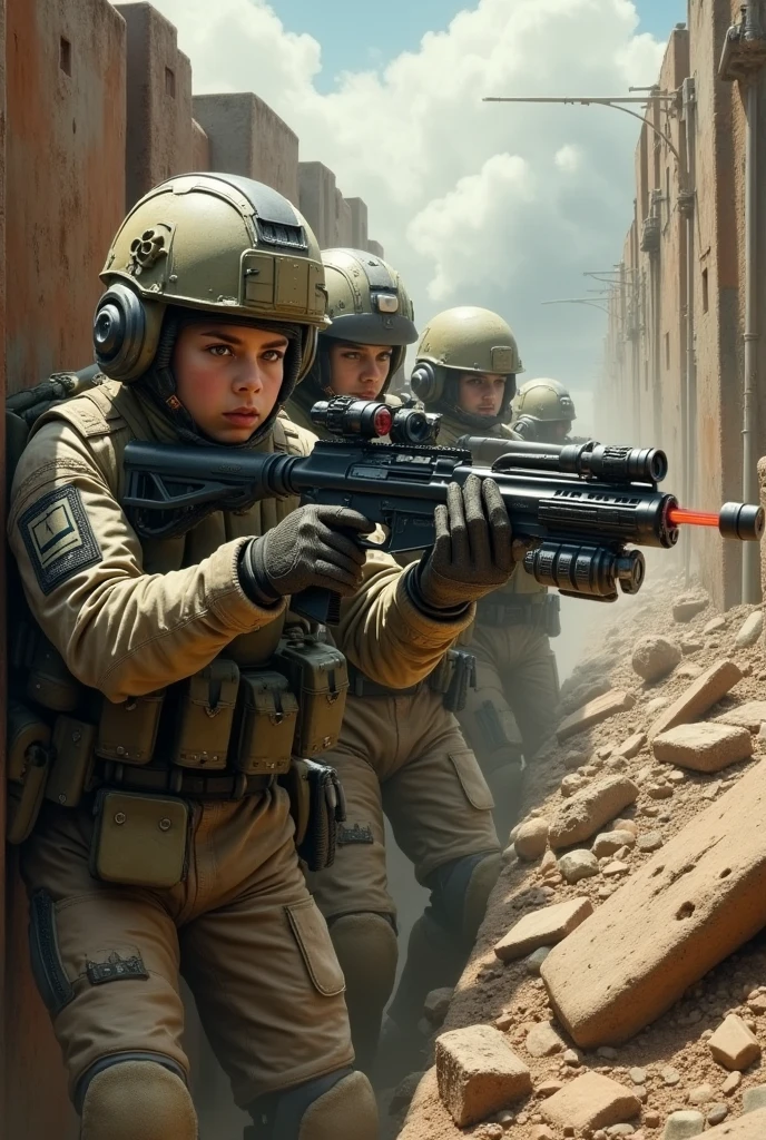 Create a highly realistic visual depiction of a group of cadet corps unit during their first military operation in a futuristic dieselpunk setting with a realistic military theme. The cadets, dressed in rugged, industrial-style combat armor with visible mechanical augmentations and tactical gear, are shown under pressure, with expressions of nervousness and adrenaline rush visible on their faces. The scene captures the rugged, war-torn landscape with trenches, fortified bunkers, and industrial debris. The cadets are taking cover behind rusted metal barriers, gripping advanced, retro-futuristic weapons that combine heavy-caliber firearms and energy-based technology. Smoke, fire, and debris fill the background, contributing to the chaotic and intense atmosphere. The art style emphasizes gritty realism, focusing on the practical design of the military gear and the raw emotions of the young soldiers as they face combat for the first time.