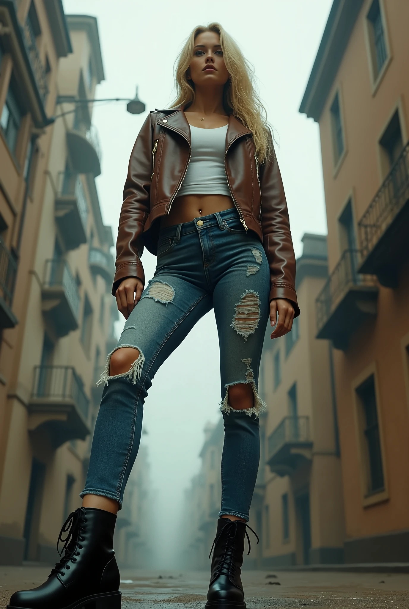 Photorealistic、Full live-action version、masterpiece、Composition looking up from the ground、1 blonde with long hair、Long legged bad girl、Standing with legs apart, Ultra low angle, Perfect perspective、Looking up at a beautiful girl, Brown leather jacket and tight white shirt、Tight faded distressed denim、Black Leather Boots、Sexy leg lines、Towering Beautiful Girl, Beautiful girl looking down、Bad girl