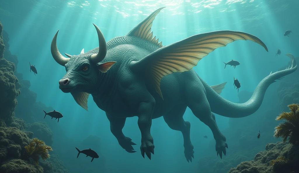 There is a fish underwater,It has a bull's head and a snake's tail.,Wings on the back(best quality,4K,8k,High level,masterpiece:1.2),Ultra Detailed,(lifelike,Photo real,Photo real:1.37)