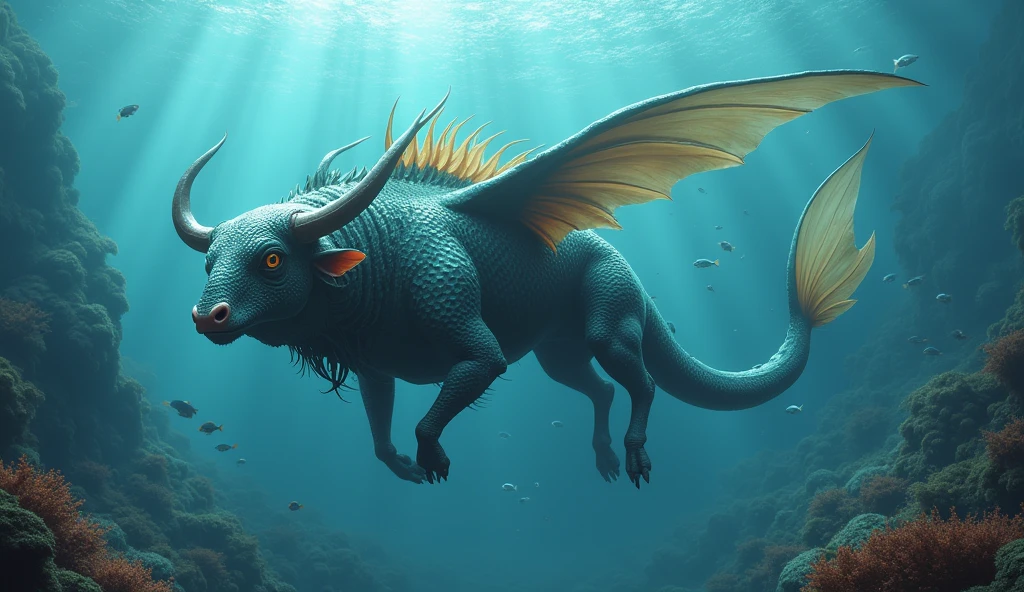 There is a fish underwater,It has a bull's head and a snake's tail.,Wings on the back(best quality,4K,8k,High level,masterpiece:1.2),Ultra Detailed,(lifelike,Photo real,Photo real:1.37)
