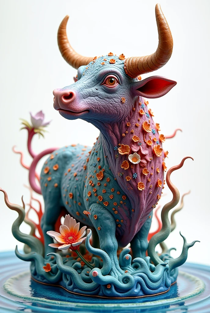 a bull formed of colored glaze,coloured glaze,(fractal art:1.3),fluid,flora,pearl,glowing colors,splashes,magic,Fresnel reflection,vivid colours,romanticism,white background,blurry,reflection,waves,swirl,Ceramic statue,made of ceramic material,