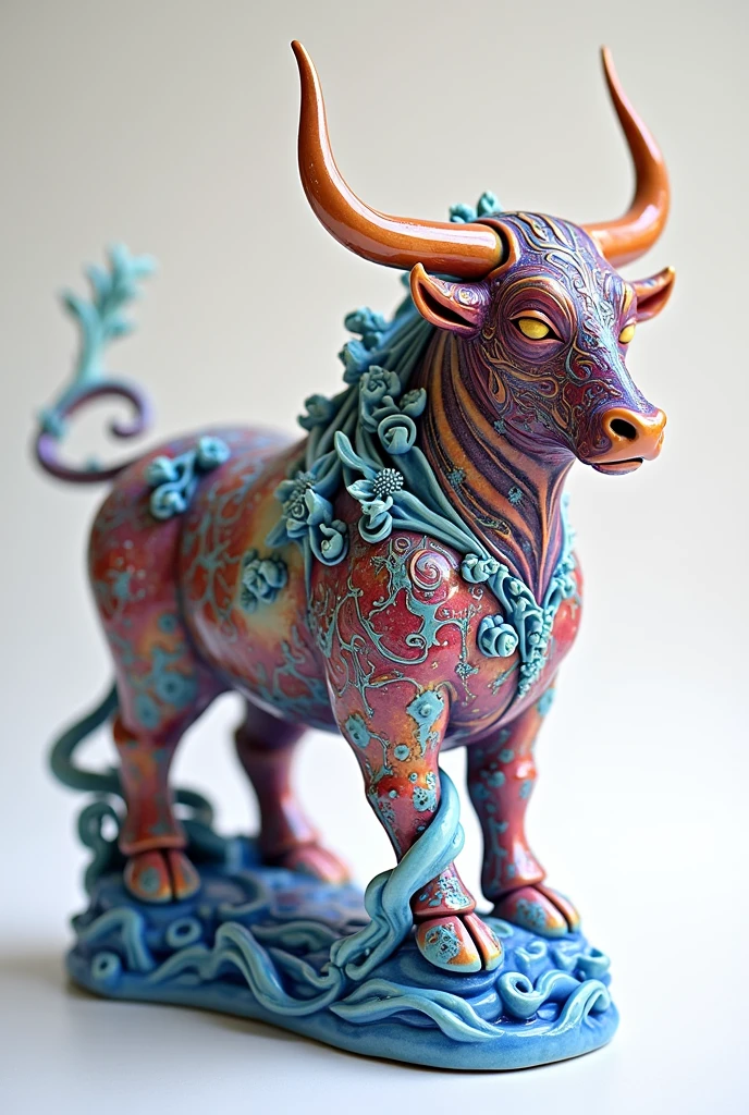 a bull formed of colored glaze,coloured glaze,(fractal art:1.3),fluid,flora,pearl,glowing colors,splashes,magic,Fresnel reflection,vivid colours,romanticism,white background,blurry,reflection,waves,swirl,Ceramic statue,made of ceramic material,