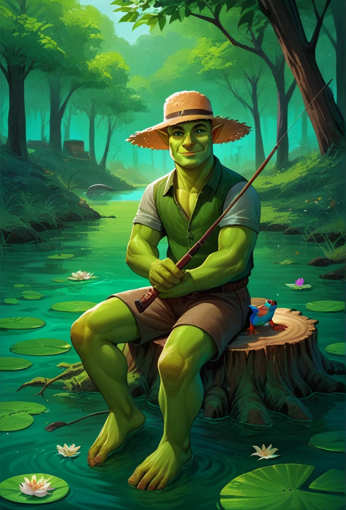 score_9, score_8_up, score_7_up, solo, male focus,shrek, green skin,scenery,swamp,lily pad,straw hat,holding fishing rod,light smile,leaves,frog,birds,sitting on tree stump,outdoors