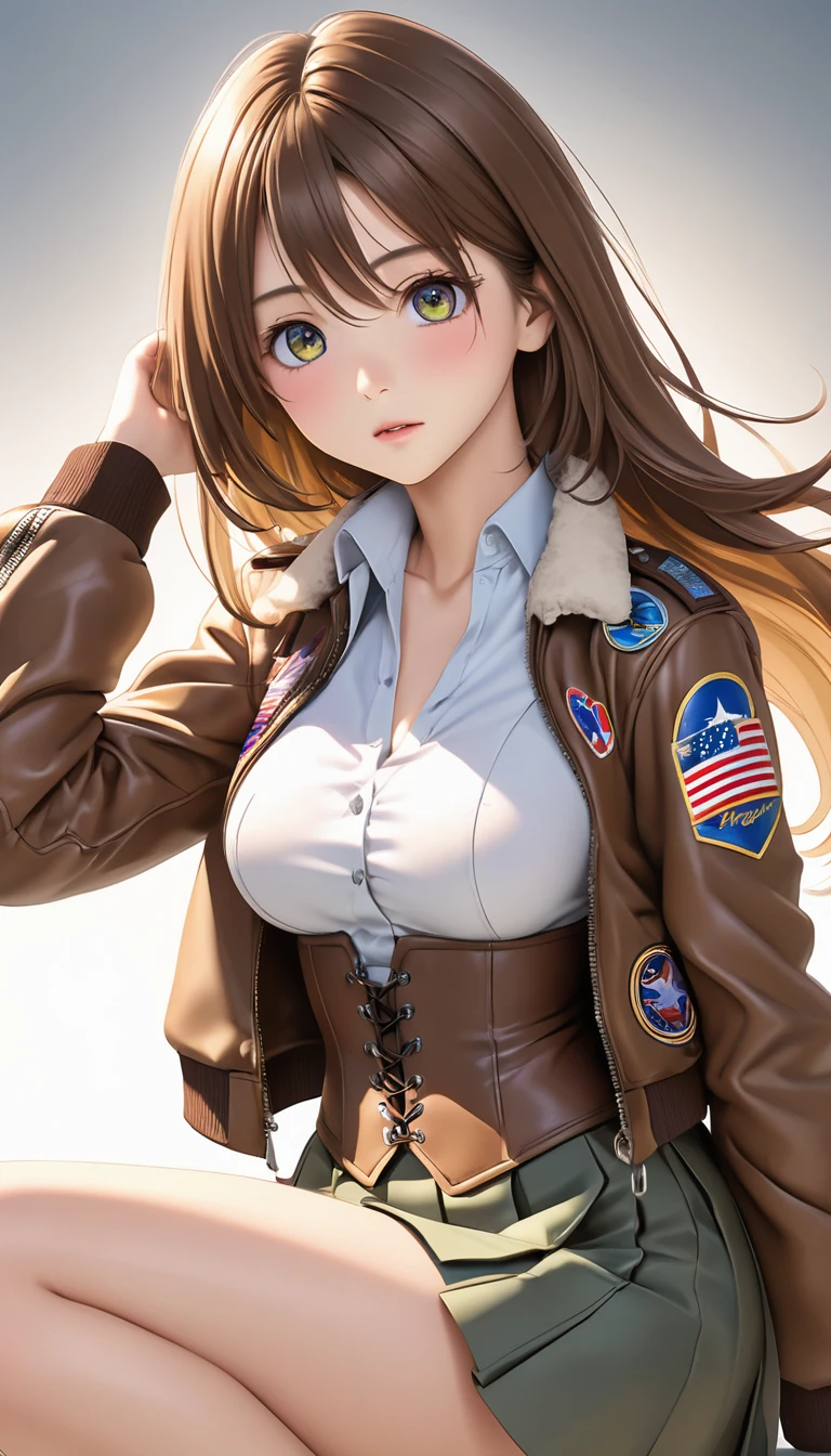 High resolution, (One woman), Alone,Anatomically correct body,Detailed face,Anime CG Style Knights&Magic Wind,blush,cute,(Beautiful face),(Highly detailed eyes and face:1.2),(Sharp, long, droopy eyes),Looking at the audience,(Beautiful breasts),Background details,(No background),(No objects other than people:1.8),Good lighting,Perfect body,Riding Angle,Pose Details,Kneeling,Stick your butt out,(Raise your upper body),Exquisite hair details,(Soft and silky hair:1.4),(Layered Straight Hair:1.2),Gradient Hair,Costume details,Perfectly detailed Top Gun Maverick brown leather flight jacket,Bare-top corset inner,Micro Pleated Mini Skirt, Color scheme details,Soft color palette,Sharp focus, Physically Based Rendering, Very detailed explanation,High resolution, 超High resolution, Studio Lighting, Ultra-fine painting,