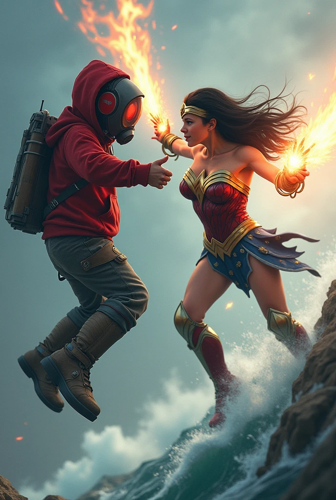 ??? & Wonder woman with red hoodie, Rocket boots, headphones, Laser guns, star-lord helmet, gas helmet, Covered mouth, Round, red eyes, big breasts, perfect body, Busty, realistic, power, Kick, Attack, magic rings in the hands, Fighting, power, fiction, full body, 2 persons, magic lasso, hight, fall, fire in boots, powerful spells, realistic, war, ocean, spells, Cayendo del cielo, sleep, hug